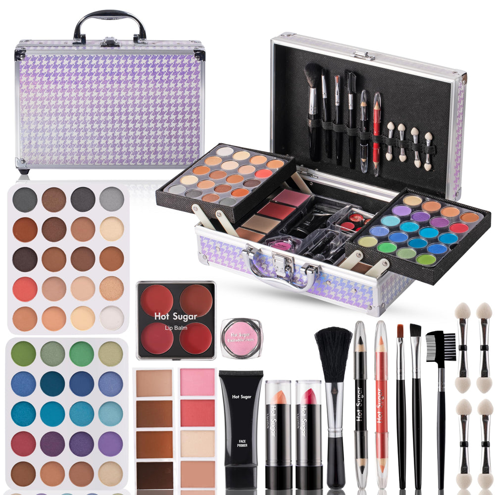 Hot Sugar aluminum makeup case in purple houndstooth for sturdy travel protection.