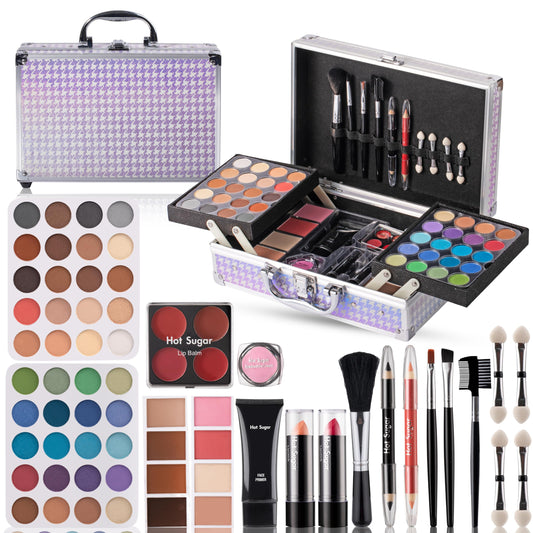 Hot Sugar aluminum makeup case in purple houndstooth for sturdy travel protection.