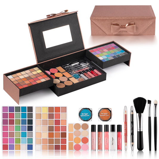 Hot Sugar Girls makeup kit in a rose gold case for easy storage and travel.