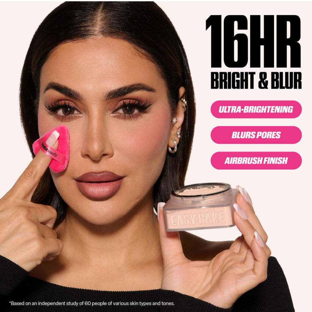 Huda Beauty Baby Bake Mini compact close-up highlighting design