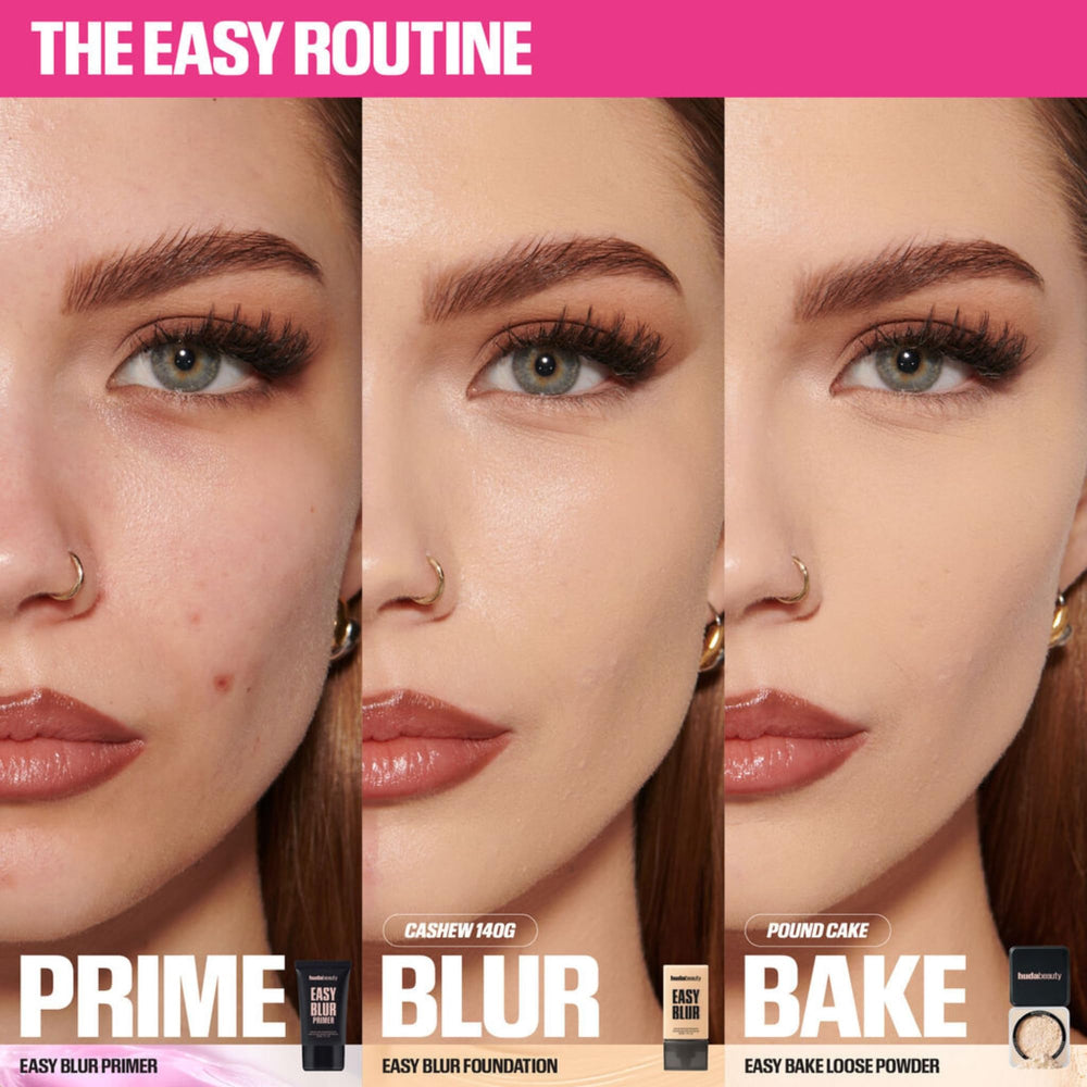Huda Beauty Baby Bake Mini on the cheek during routine for set