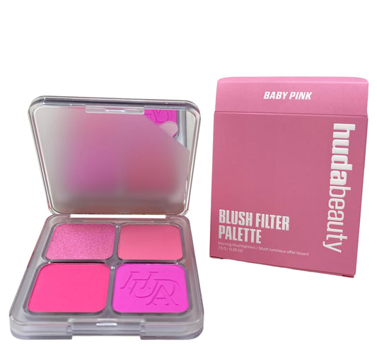 Huda Beauty Blush Filter Blurring Blushlighters Palette Baby Pink close-up shows silky texture for seamless blend.