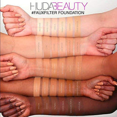 Huda Beauty FauxFilter Luminous Matte Foundation swatches show Panna Cotta shade for natural look