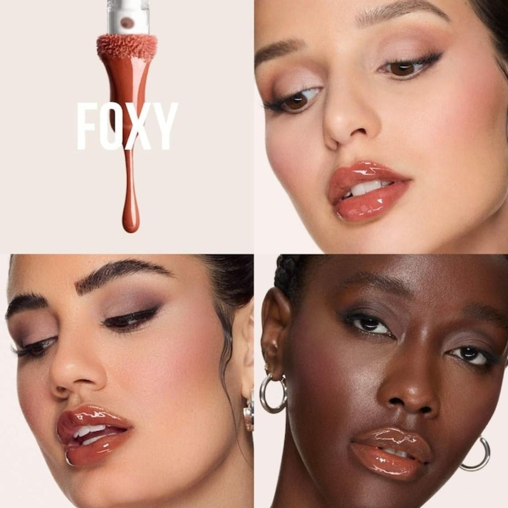Huda Faux Filler Extra Shine Foxy swatches reveal caramel brown shade and gloss.