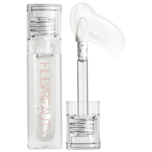 Huda Faux Filler Extra Shine Lip Gloss Glassy bottle with clear finish for radiant shine.