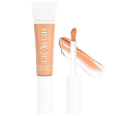 Huda GloWish Bright Light concealer bottle close-up, highlighting hydrating, sheer coverage.