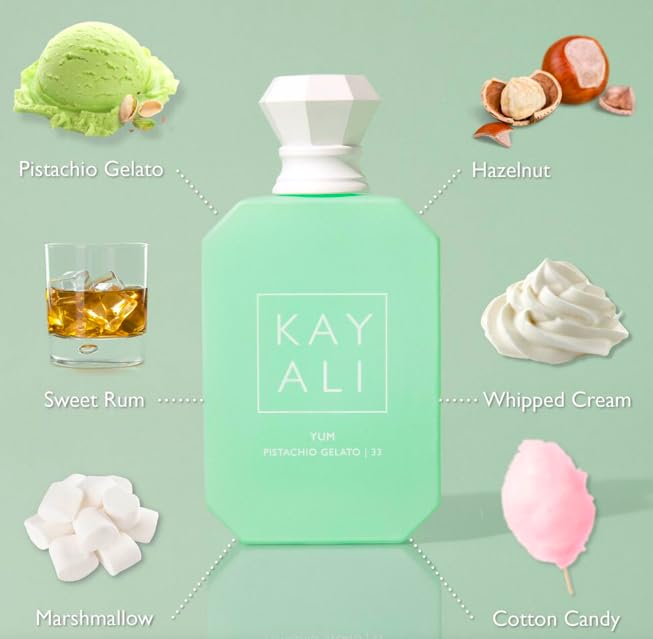 Huda Kayali Yum Pistachio Gelato bottle close-up highlighting premium bottle design