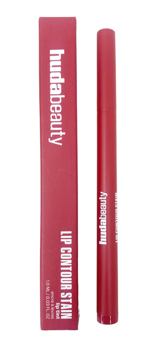 Huda Lip Contour Stain Cinnamon bottle with brick brown color for long-lasting wear.