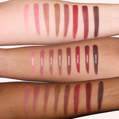 Huda Lip Contour Stain kiss-proof design featured in close-up on lips.