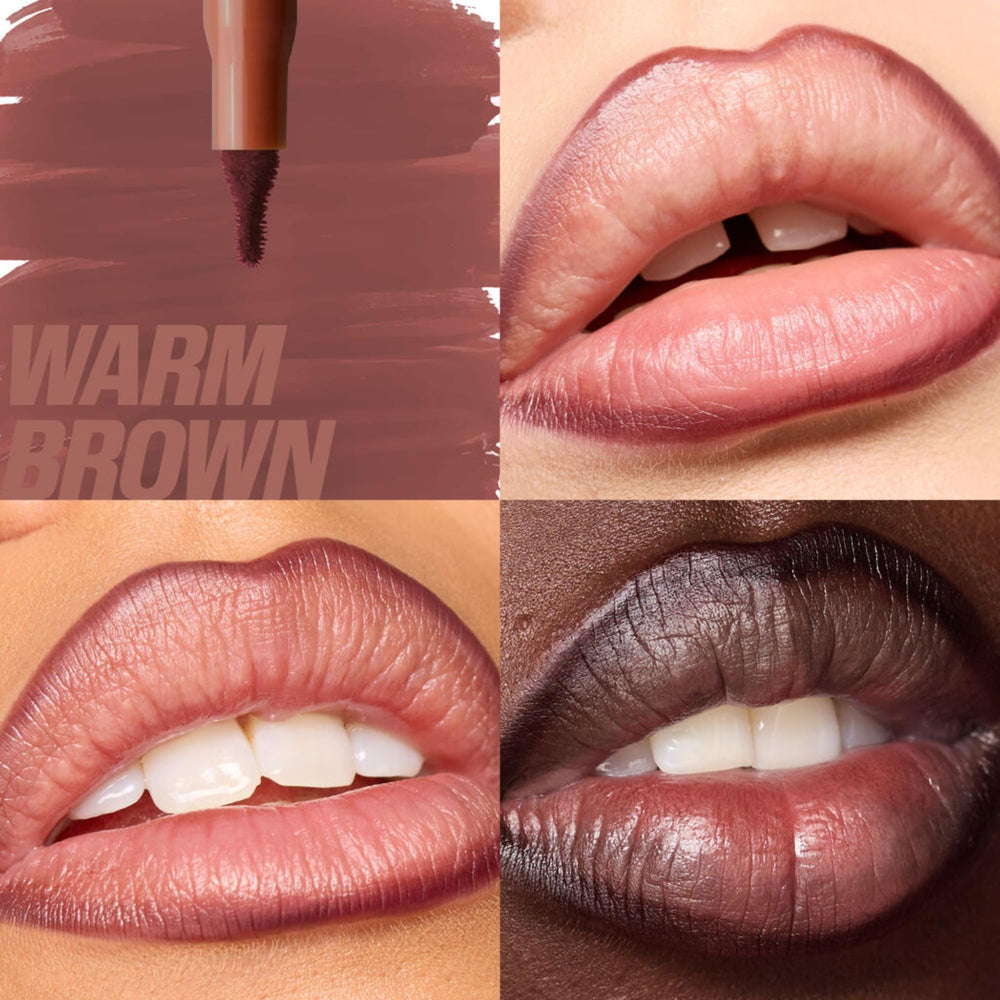Huda Lip Contour Stain Warm Brown swatch on lips shows natural matte finish.