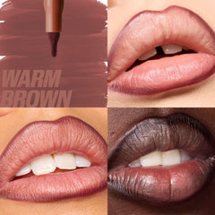 Huda Lip Contour Stain Warm Brown swatch on lips shows natural matte finish.
