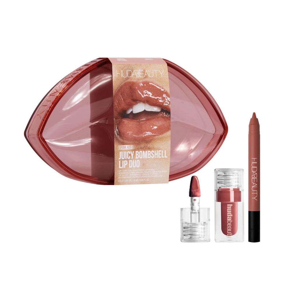 Huda Pink Kit Juicy Bombshell lip gloss bottle delivers high shine.