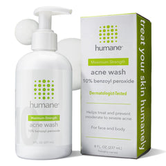 humane benzoyl peroxide acne body wash bottle front showing 10% strength