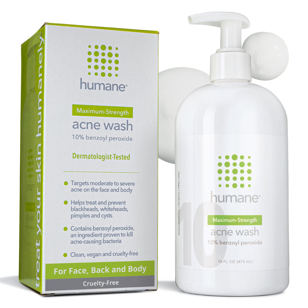 Humane 10% benzoyl peroxide acne wash bottle front for multi-area cleansing.