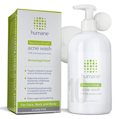 Humane 10% benzoyl peroxide acne wash bottle front for multi-area cleansing.