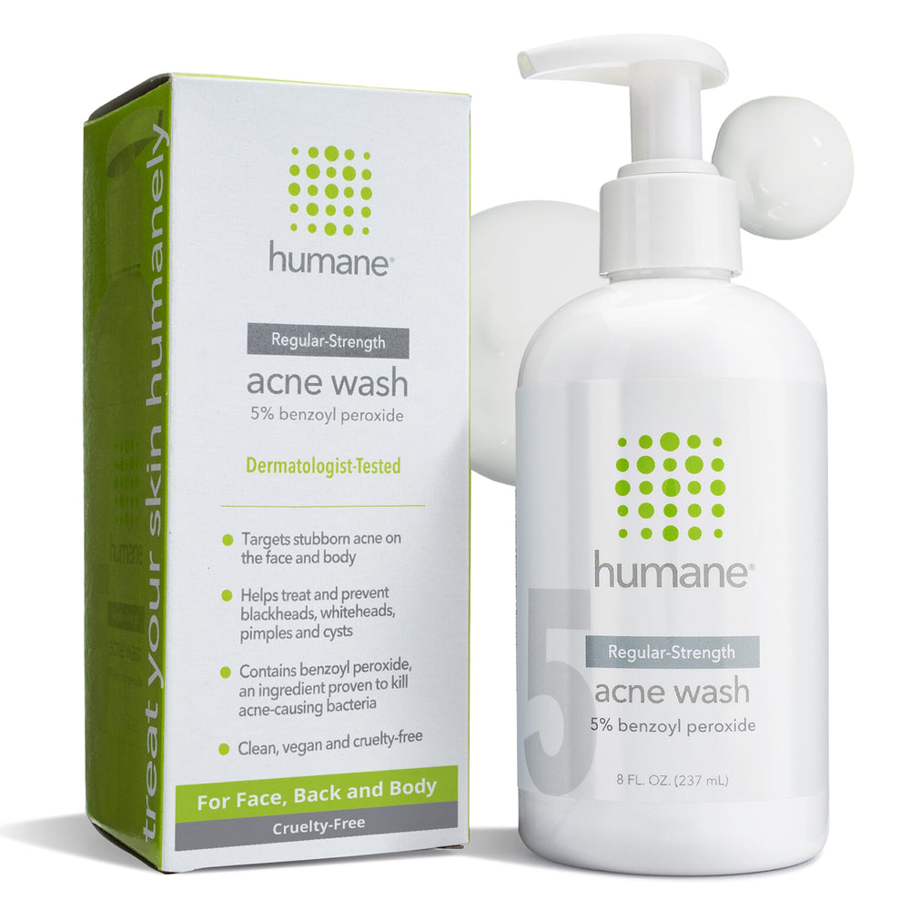 Humane 5% benzoyl peroxide face wash bottle highlights acne-prone skin benefits.