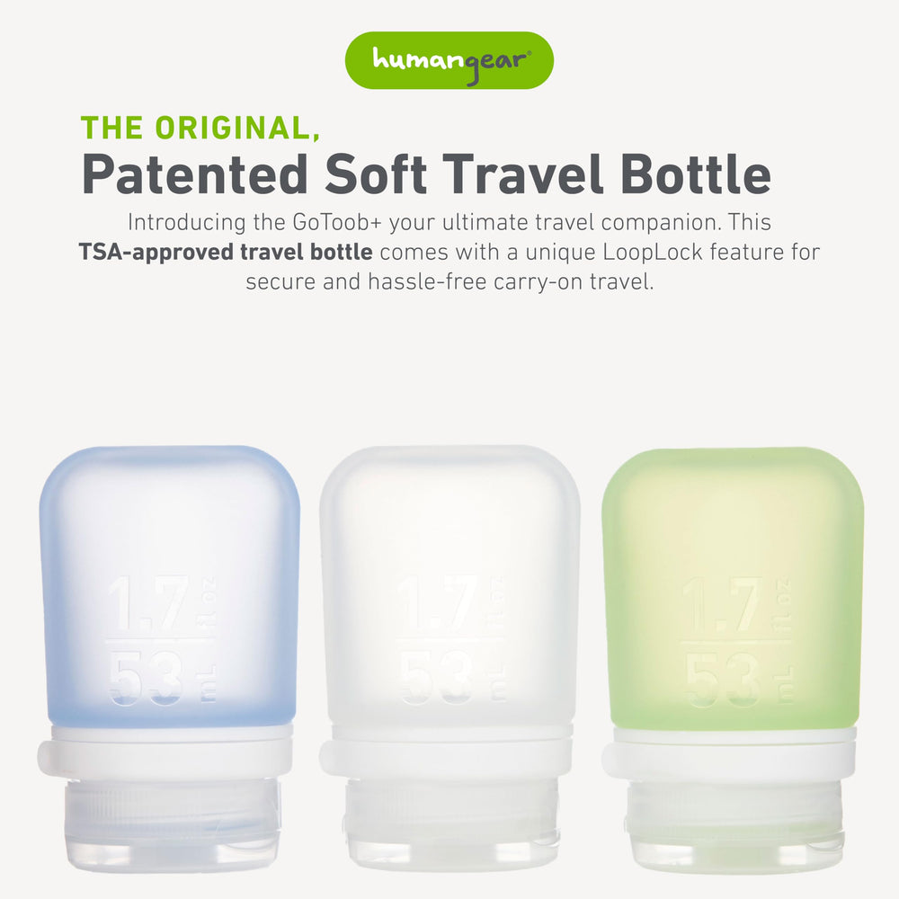 GoToob+ contoured tube stands for easy filling and cleaning.