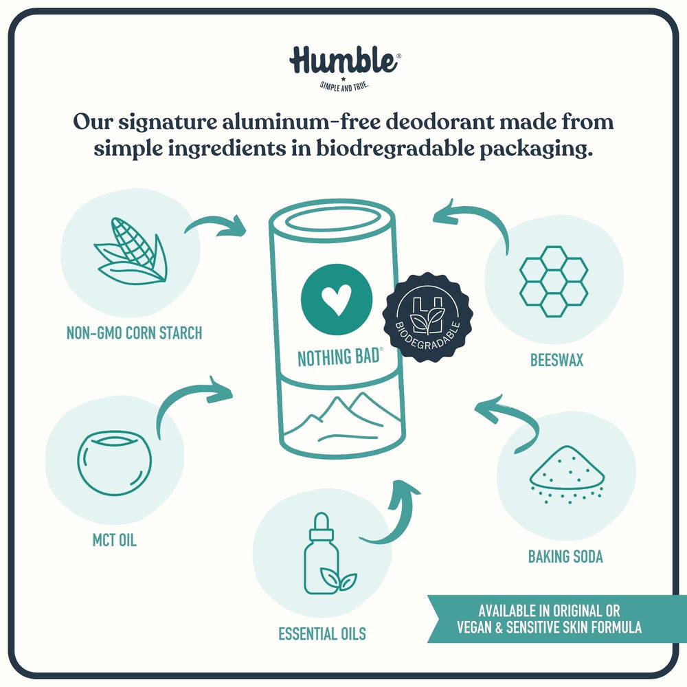 Humble Brands aluminum-free deodorant label detail emphasizes clean, simple ingredients.