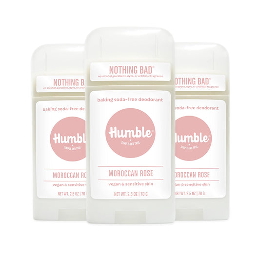 HUMBLE BRANDS Moroccan Rose deodorant pack front showing three sticks for value