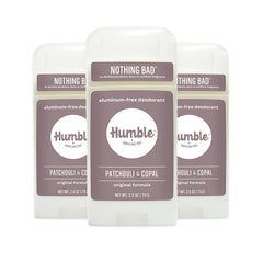 Humble Brands Original Formula deodorant packaging trio display for easy multi-pack use.