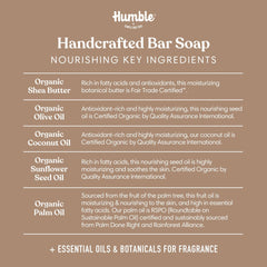 Humble Simple and True bar soap ingredients close-up showcases natural plant oils.
