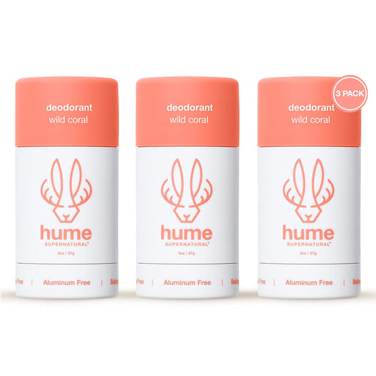 Hume Supernatural aluminum-free deodorant Wild Coral 3-pack for odor control and daily freshness.