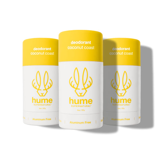 Hume Supernatural Coconut Coast pack front shows aluminum-free deodorant for all-day freshness