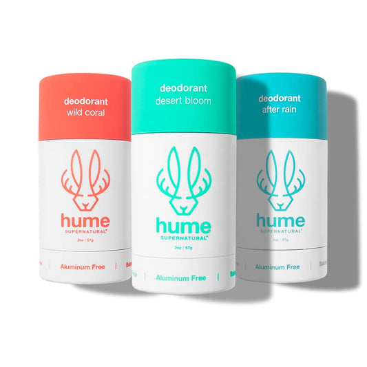Hume Supernatural Desert Bloom deodorant bottle showing aluminum-free formula for all-day freshness.