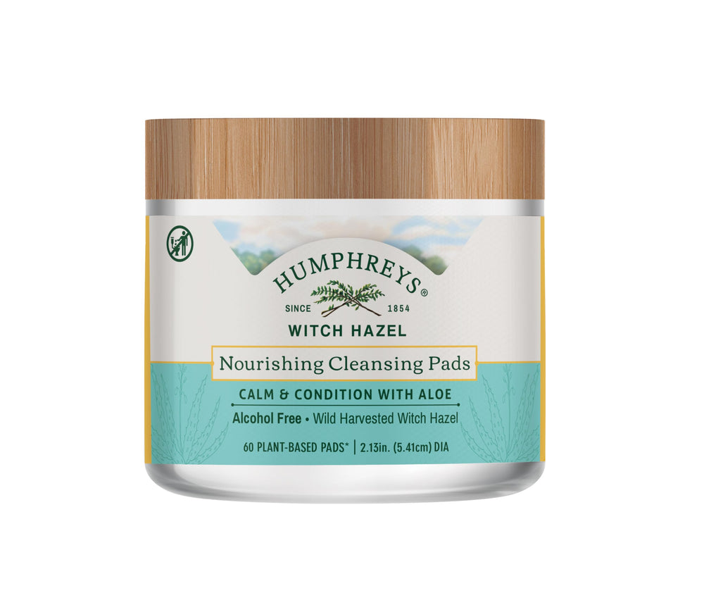 Humphreys Nourishing Witch Hazel Cleansing Pad pack visual, gentle on-the-go daily cleanse.