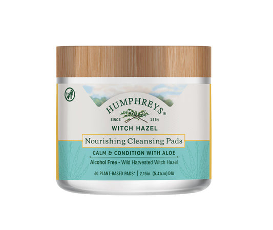 Humphreys Nourishing Witch Hazel Cleansing Pad pack visual, gentle on-the-go daily cleanse.