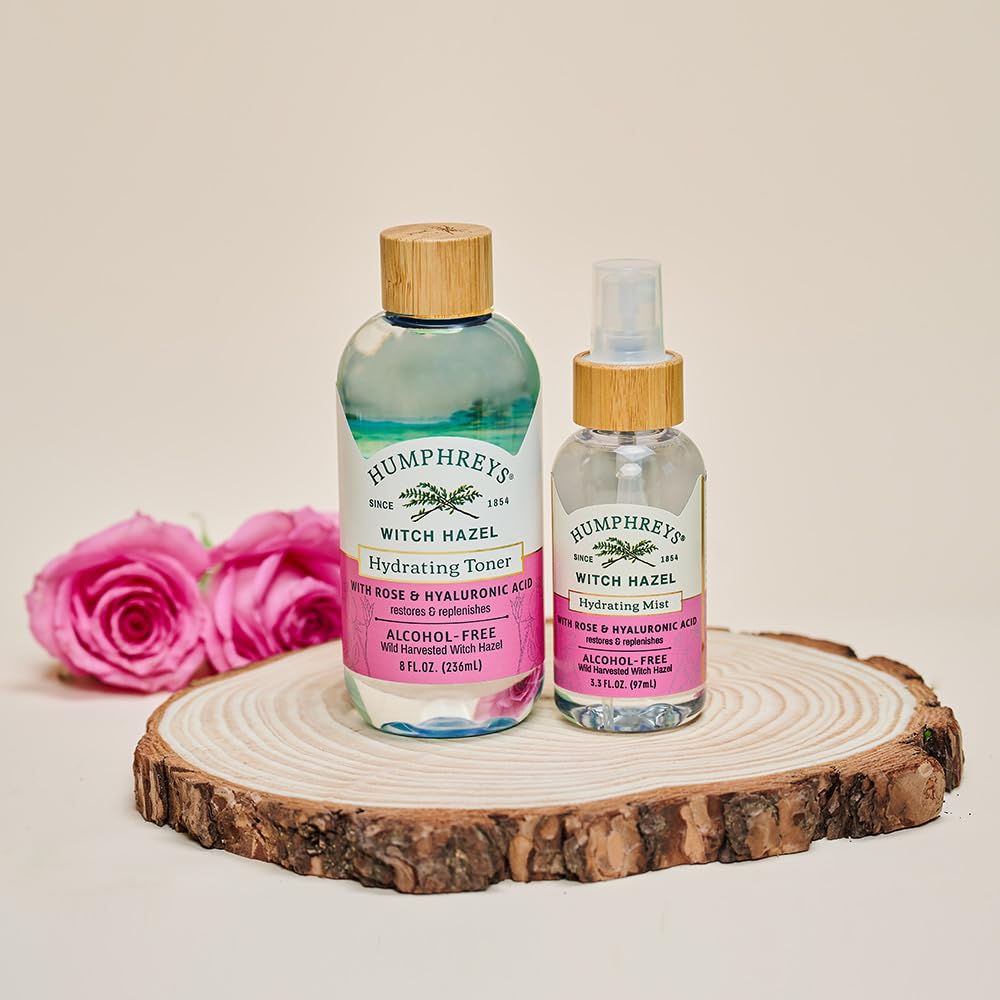 Humphreys Witch Hazel Hydrating Toner on vanity with soft lighting.