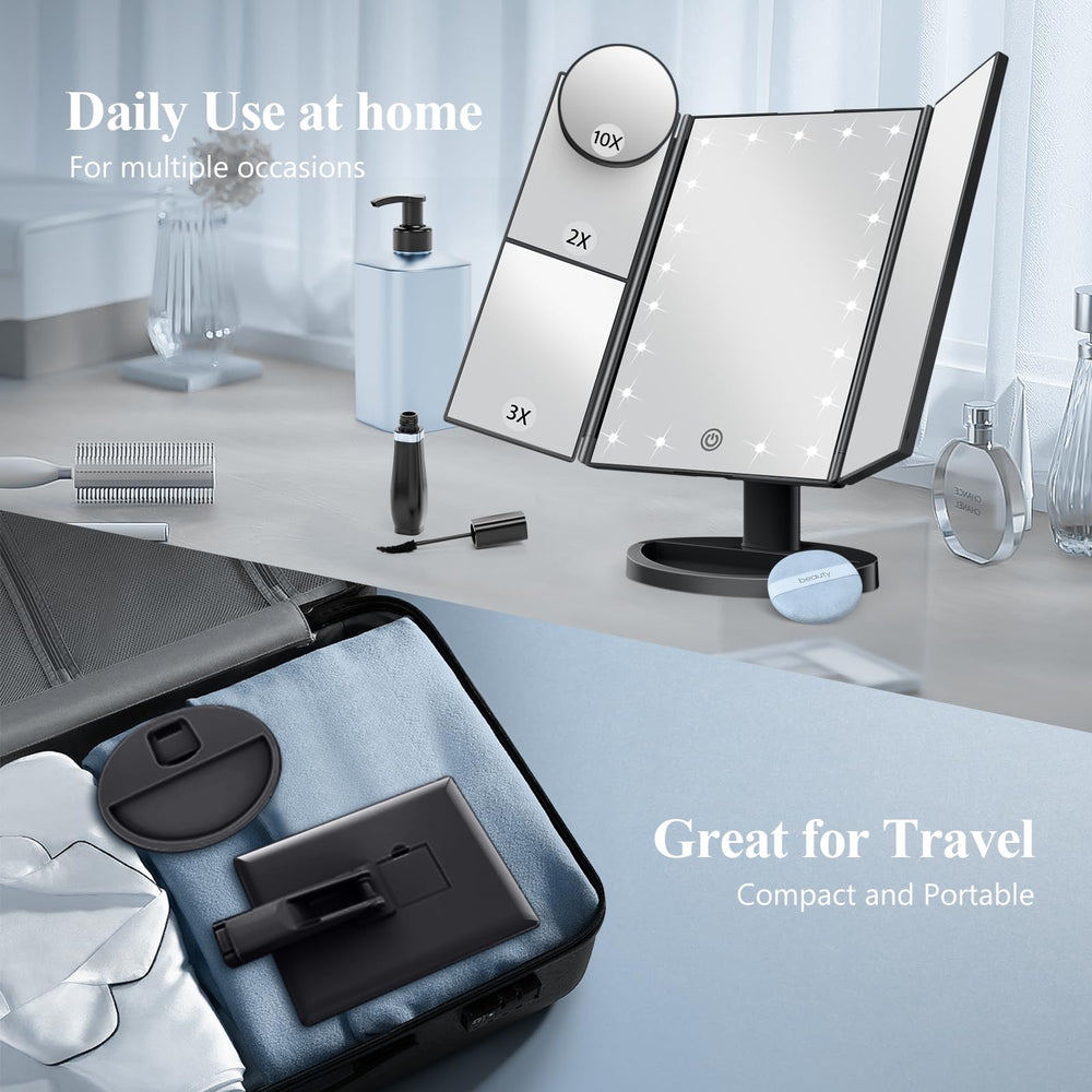 HUONUL tri-fold design makeup mirror for a compact vanity setup