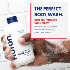 Creamy lather from Huron body wash washing away dirt and sweat