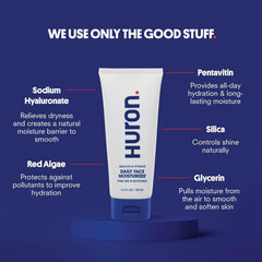 Huron Men’s Face Moisturizer highlights sodium hyaluronate and pentavitin for lasting moisture