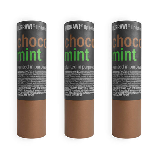 Hurraw Chocolate and Mint Lip Balm 3 pack in plastic free cardboard tubes for eco friendly lips