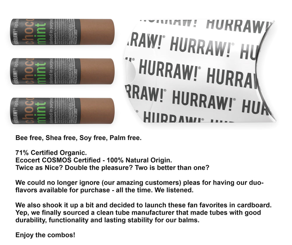 Close-up of Hurraw Chocolate and Mint lip balm in cardboard tube