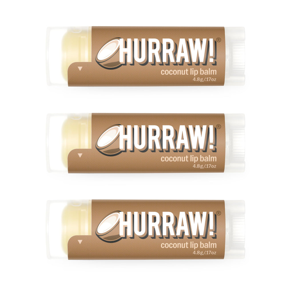 HURRAW! Coconut Lip Balm three-pack in a white box for convenient daily lip care.