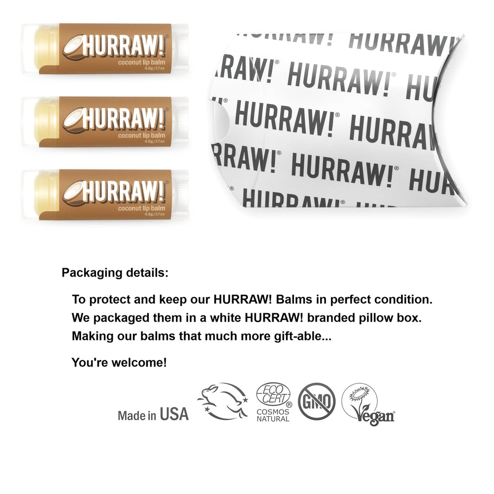 White pillow box packaging for easy gifting and travel with HURRAW! Coconut Lip Balm.