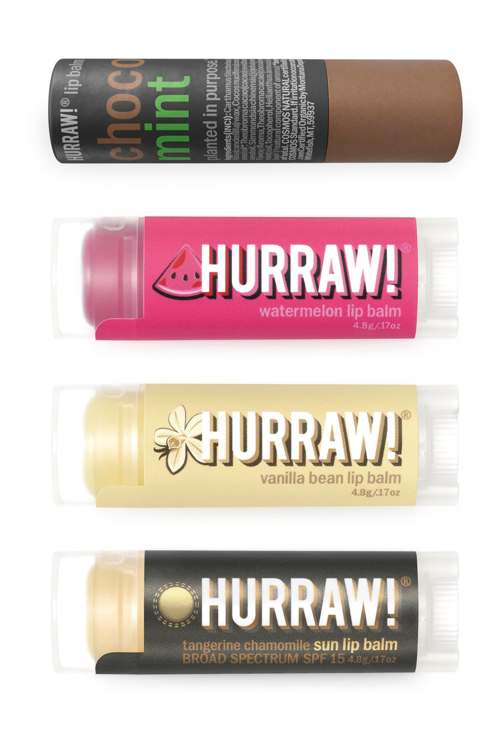 Hurraw! 4-balm bundle chocolate mint: compact, on-the-go hydration and flavor variety.