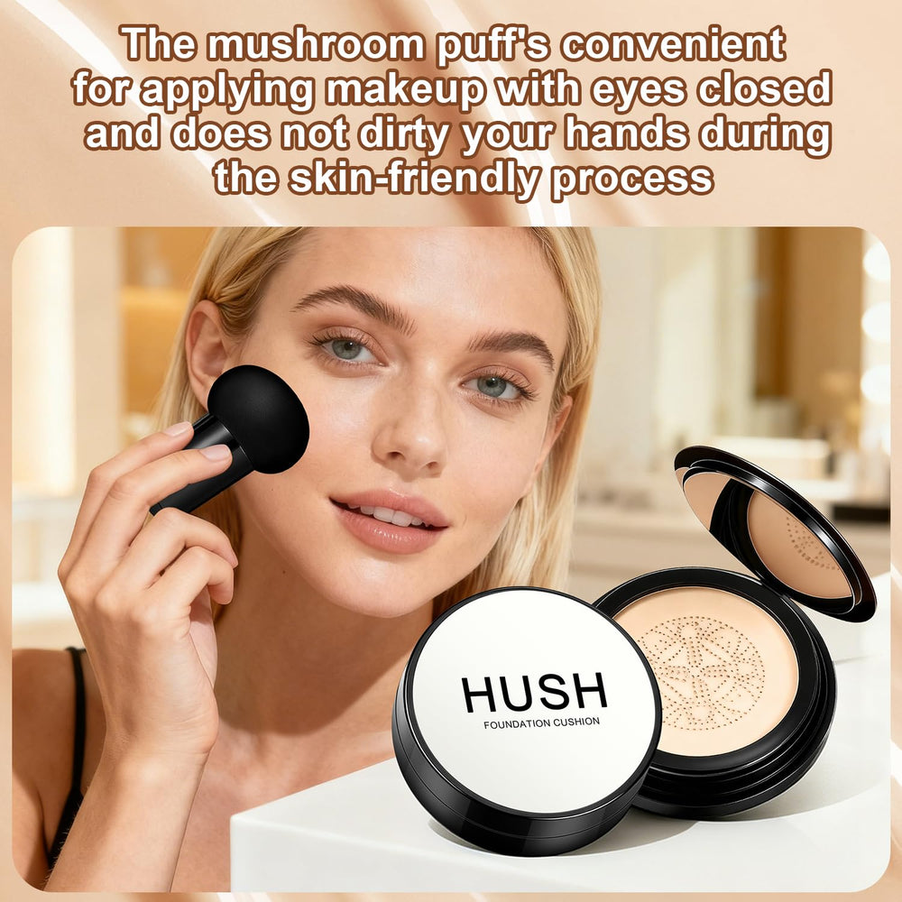 Hush Makeup Foundation Natural Glow packaging shows moisture-locking Hyaluronic Acid for hydration.