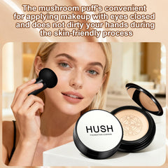 Hush Makeup Foundation Natural Glow packaging shows moisture-locking Hyaluronic Acid for hydration.