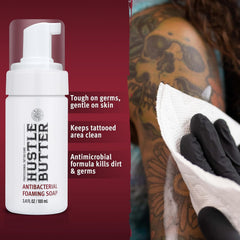 Hustle Bubbles travel-size soap, TSA approved for tattoo aftercare on the go.