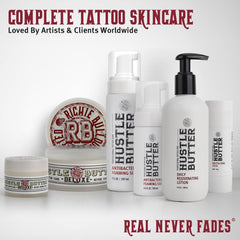 Hustle Bubbles reduces irritation while cleansing fresh tattoos.