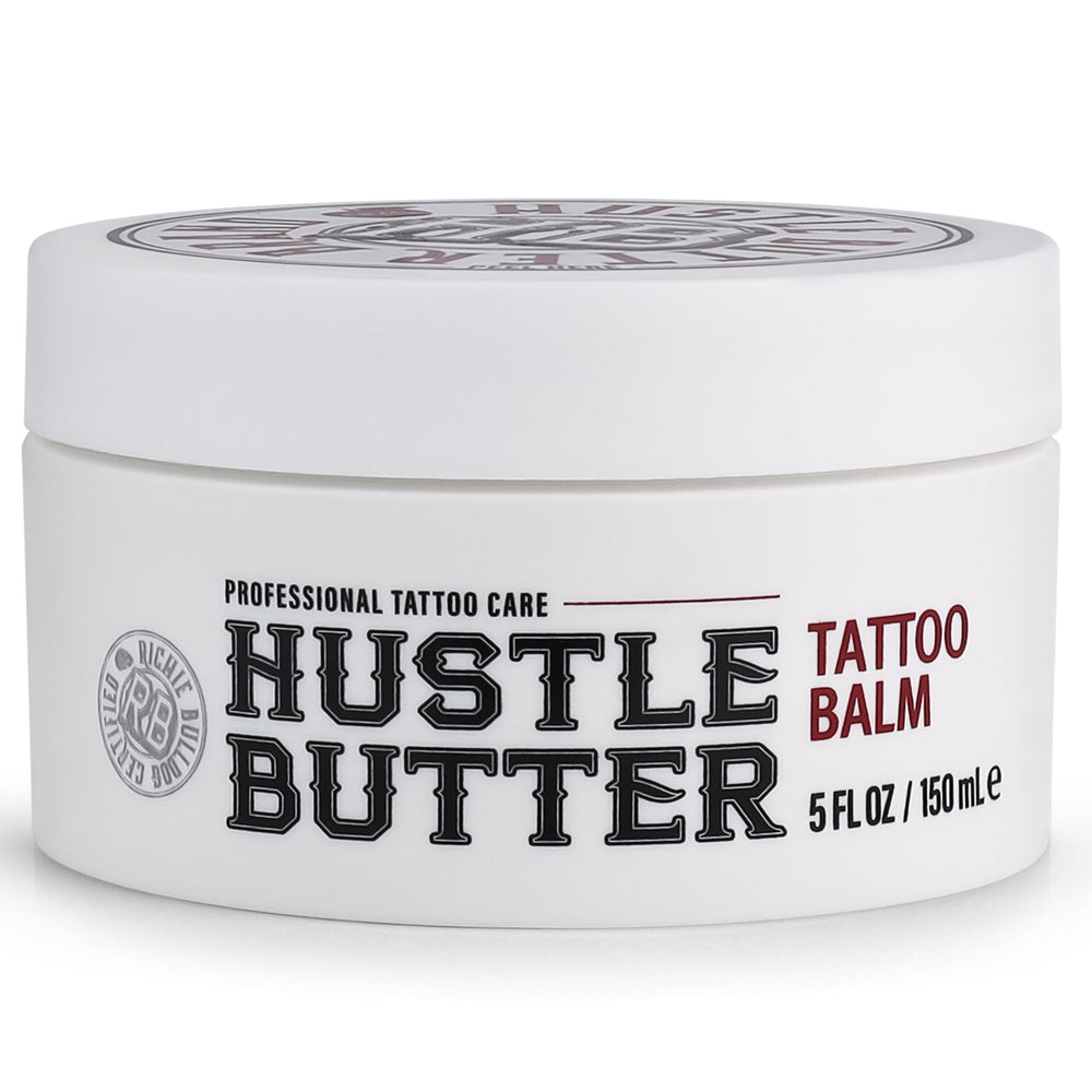 Hustle Butter Deluxe cruelty-free packaging emphasizes ethical tattoo aftercare.