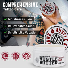 Hustle Butter Deluxe vegan cream used by artists for post-tattoo care.