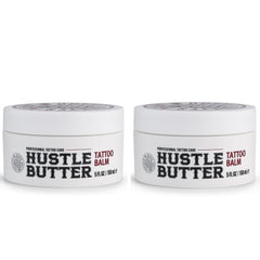 Hustle Butter Deluxe tattoo balm bottle close-up showing soothing lubrication during sessions