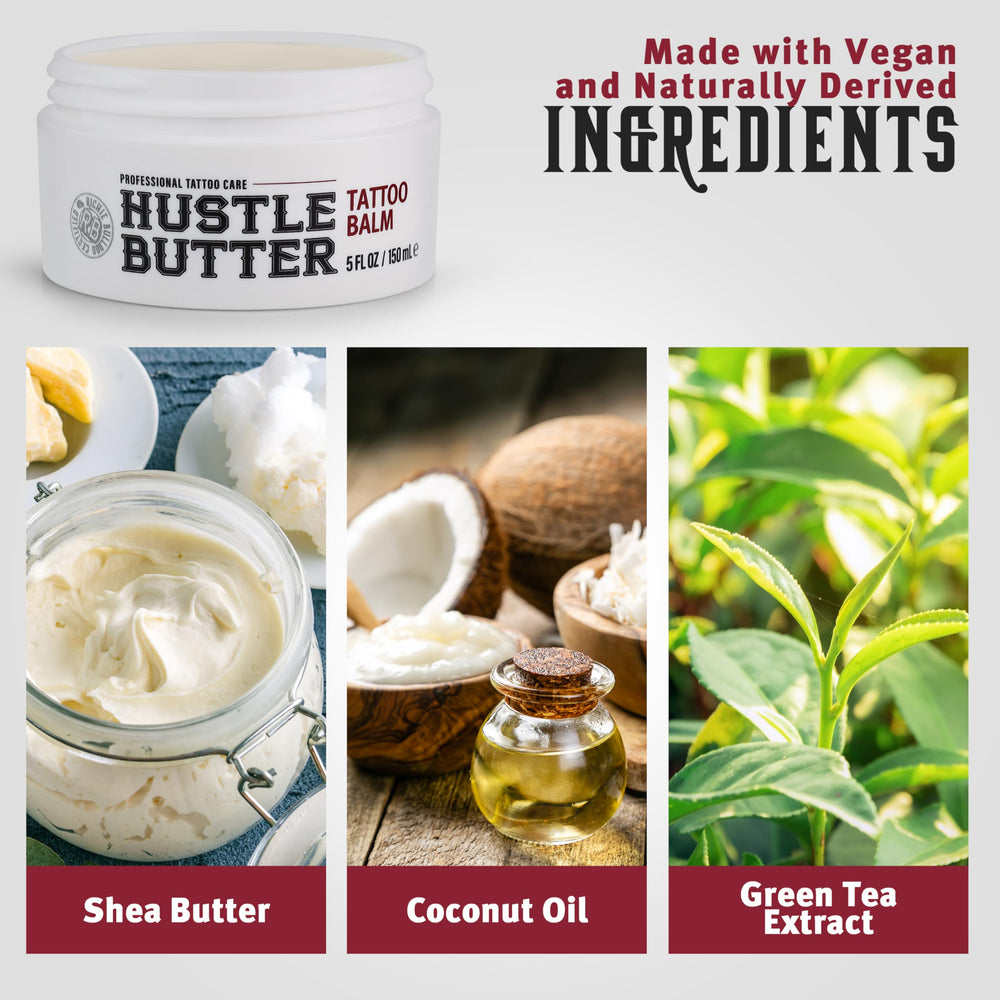 Hustle Butter Deluxe tattoo balm ingredients closeup; shea, coconut oil, mango, and green tea.