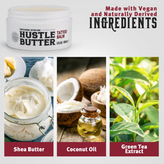 Hustle Butter Deluxe tattoo balm ingredients closeup; shea, coconut oil, mango, and green tea.