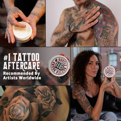 Hustle Butter Deluxe older-tattoo rejuvenation shot suggests longevity care.