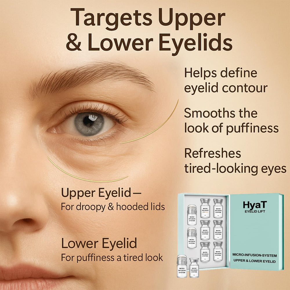 HYAT Eyelid Lift Serum dispensing pump shows precise application on delicate skin.